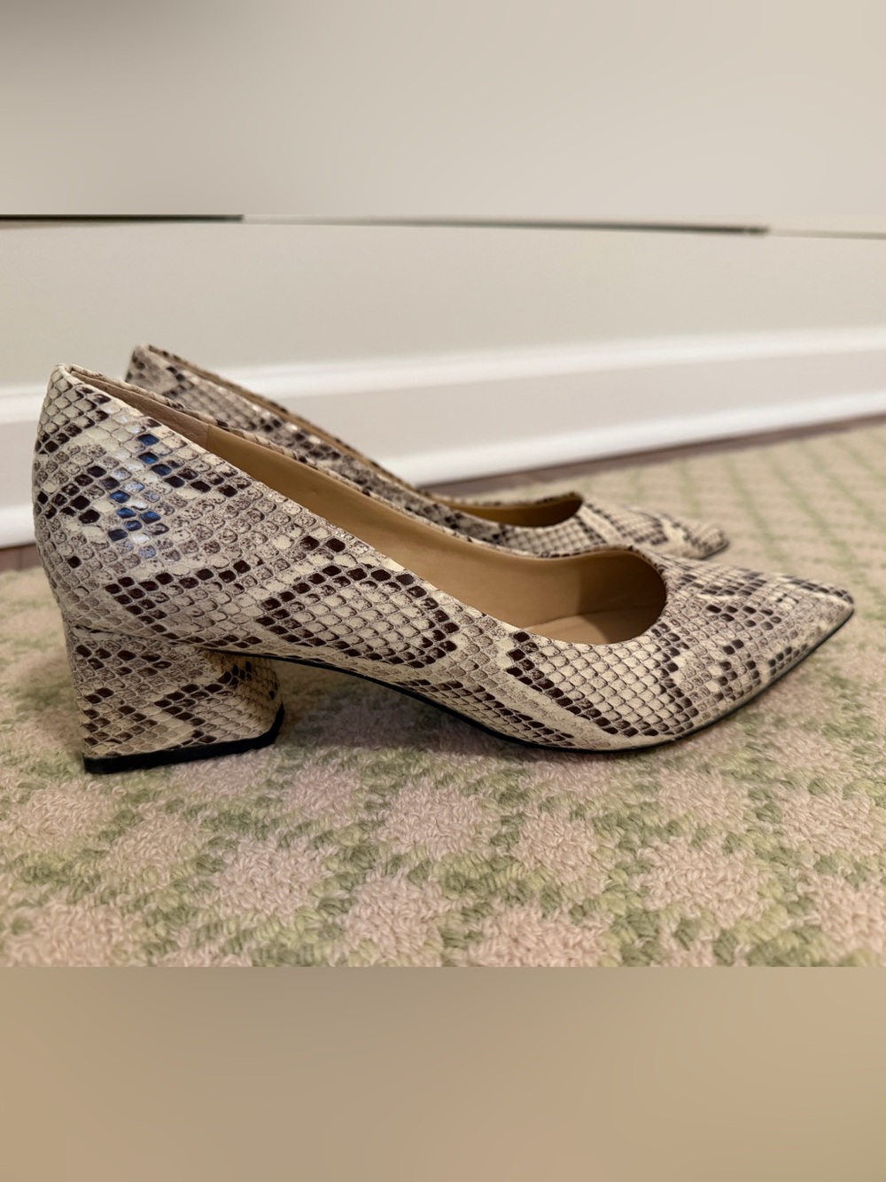 Franco Sarto Cream and Brown Snake-Print Block Heel Pumps
